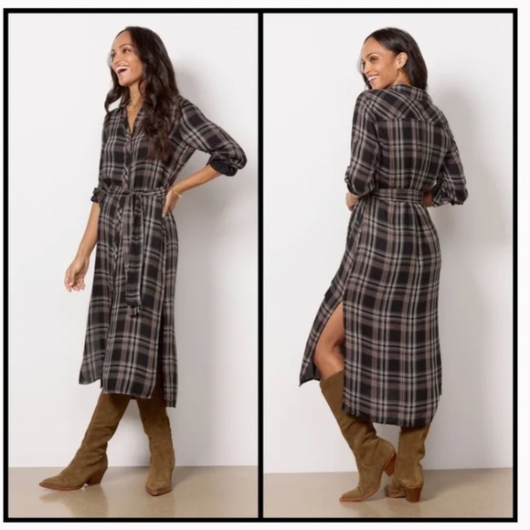 cloth & stone Dresses & Skirts - Cloth & Stone Long Sleeve Belted Shirt Dress in Maple Wood Plaid Size Medium